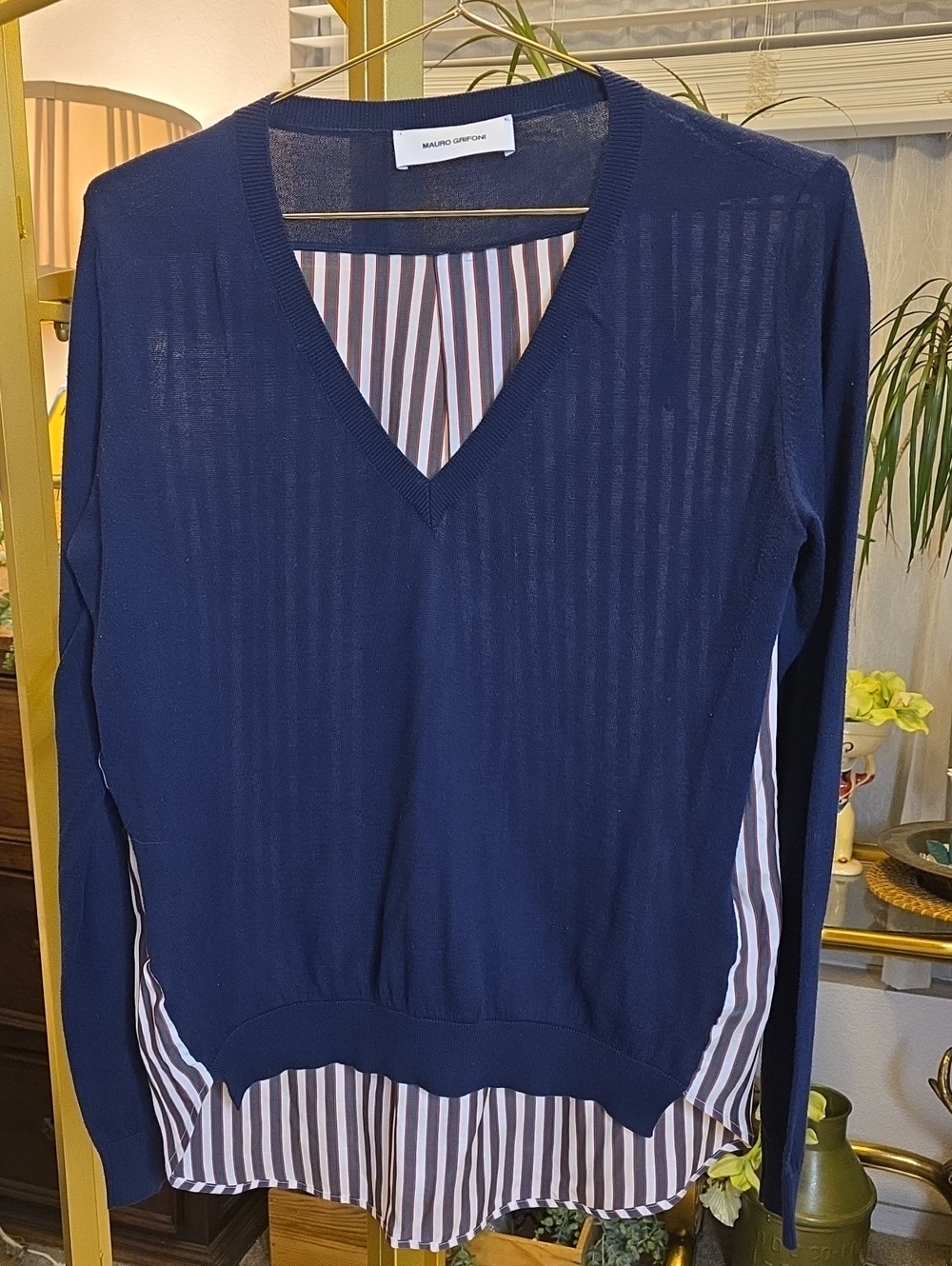 Mauro Grifoni Navy V-Neck Cotton Silk Stripes Sweater Sz 40  US Small